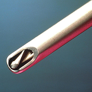 An arthroscopic shaver blade. The cutter rotates very fast (8000 rpm) within the tube, while simultaneous suction removes the cut debris.